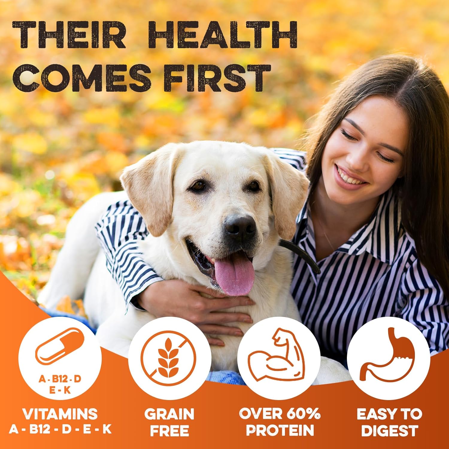 Happy woman hugging healthy yellow lab outdoors, promoting grain-free, high-protein, easy-to-digest dog treats with vitamins A, B12, D, E, K