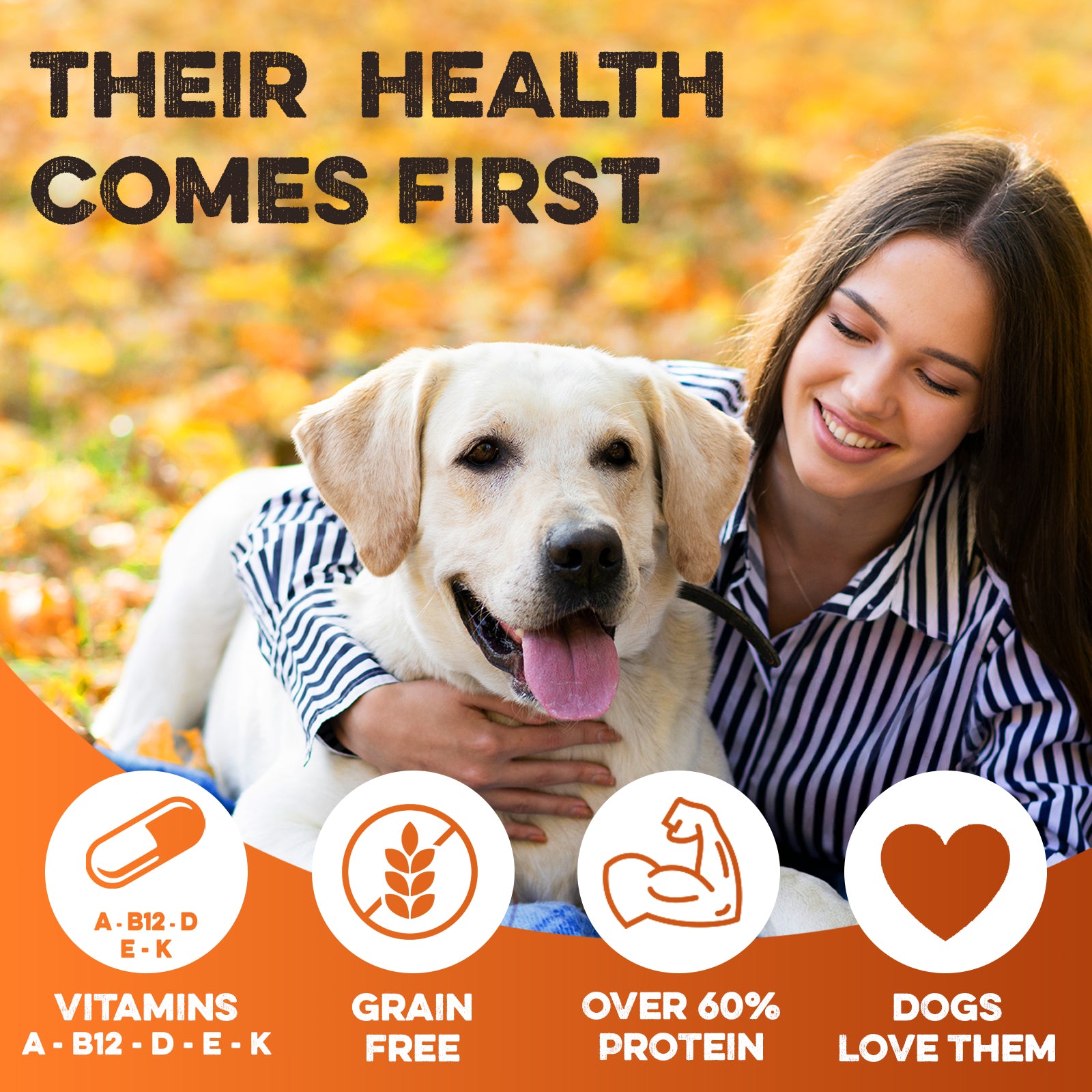 Happy woman hugging healthy yellow lab outdoors, promoting grain-free, high-protein dog treats with vitamins A, B12, D, E, K