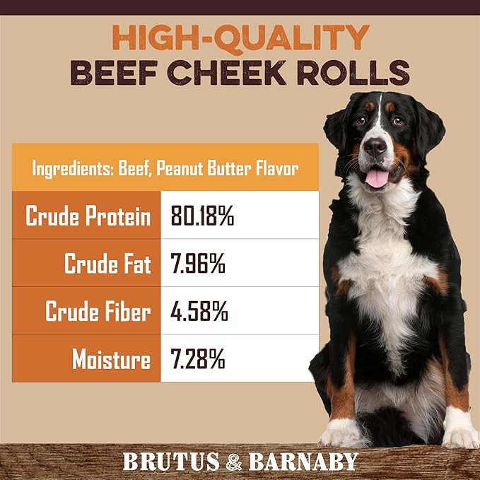 High-quality beef cheek rolls for dogs with beef and peanut butter flavor, featuring nutritional info and a happy dog