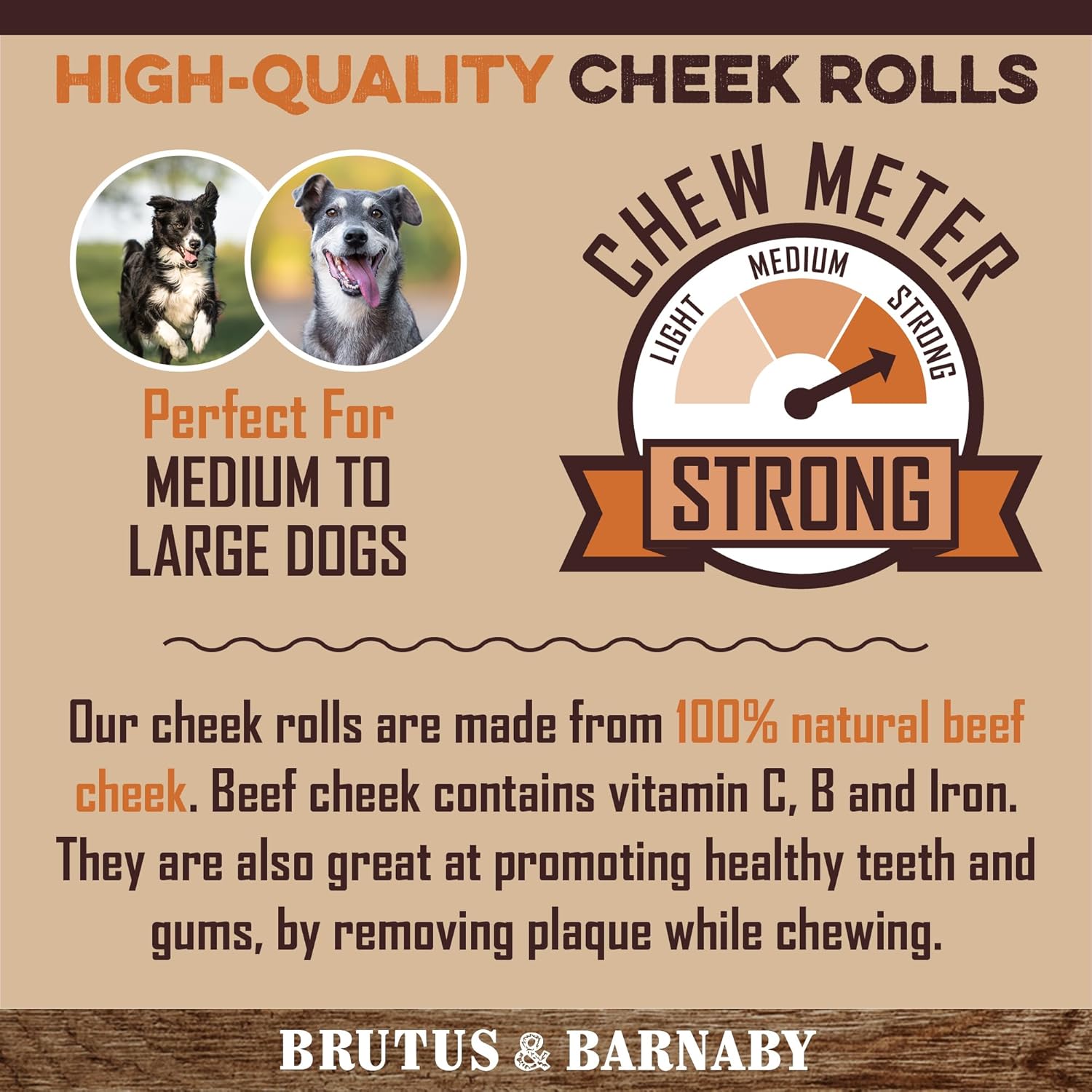 High-quality beef cheek rolls for medium to large dogs, 100% natural, strong chew meter, promotes dental health