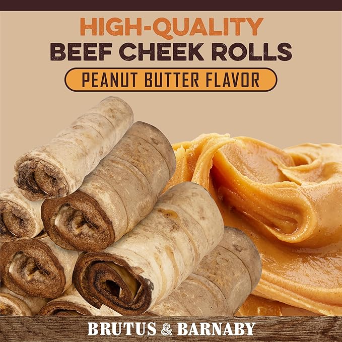 High-quality beef cheek rolls with peanut butter flavor, all-natural dog chews made in USA