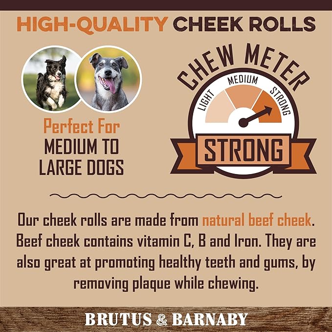 High-quality beef cheek rolls for medium to large dogs, strong chew meter, natural ingredients for healthy teeth