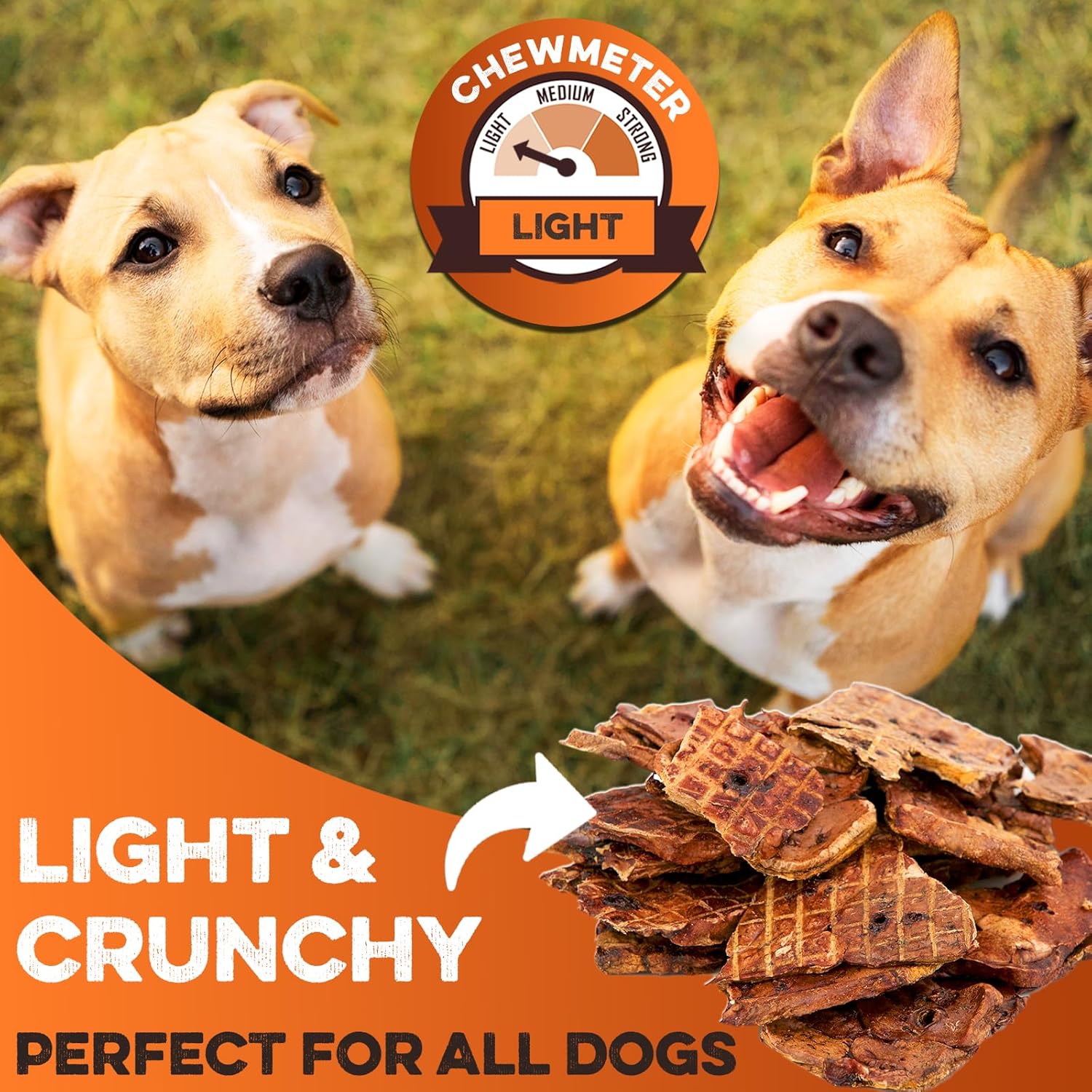 Light & crunchy all-natural dog treats perfect for all dogs, with chewmeter rating shown