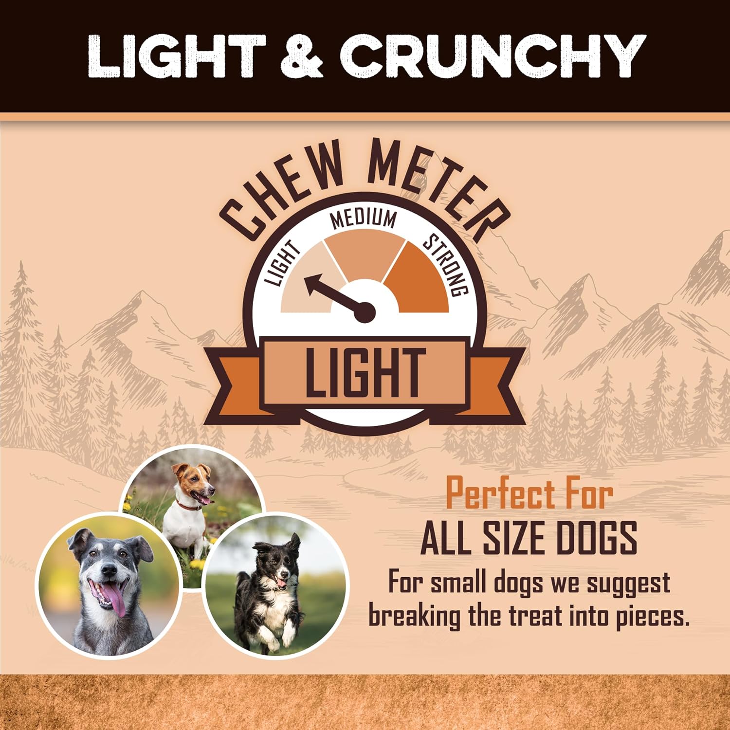 Light & crunchy dog treat chew meter for all size dogs, ideal for small dogs when broken into pieces