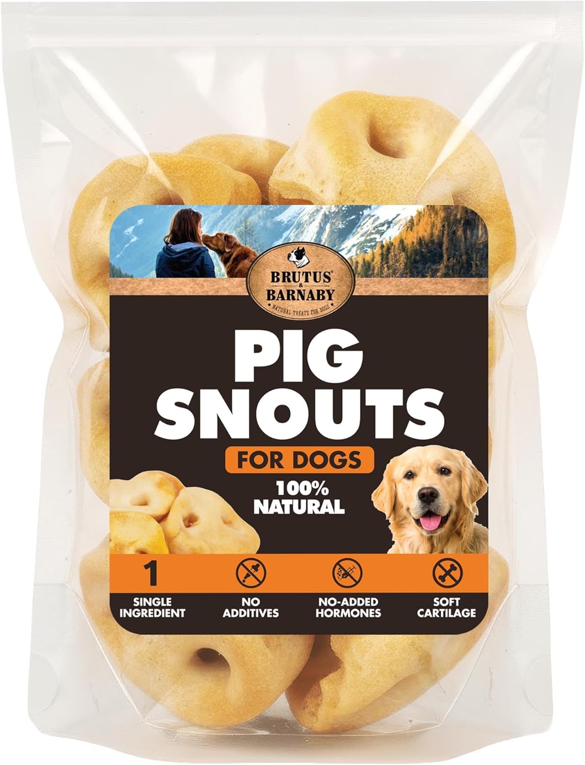 Pig snouts for dogs by Brutus & Barnaby, natural single-ingredient soft cartilage chews with no additives