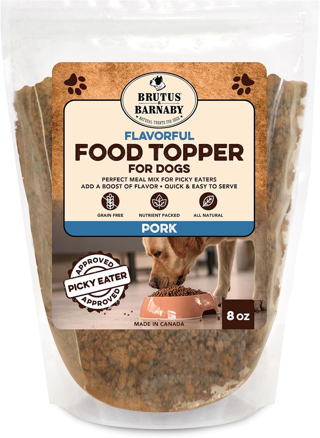 Pork food topper for dogs by Brutus & Barnaby, natural grain-free meal mixer for picky eaters
