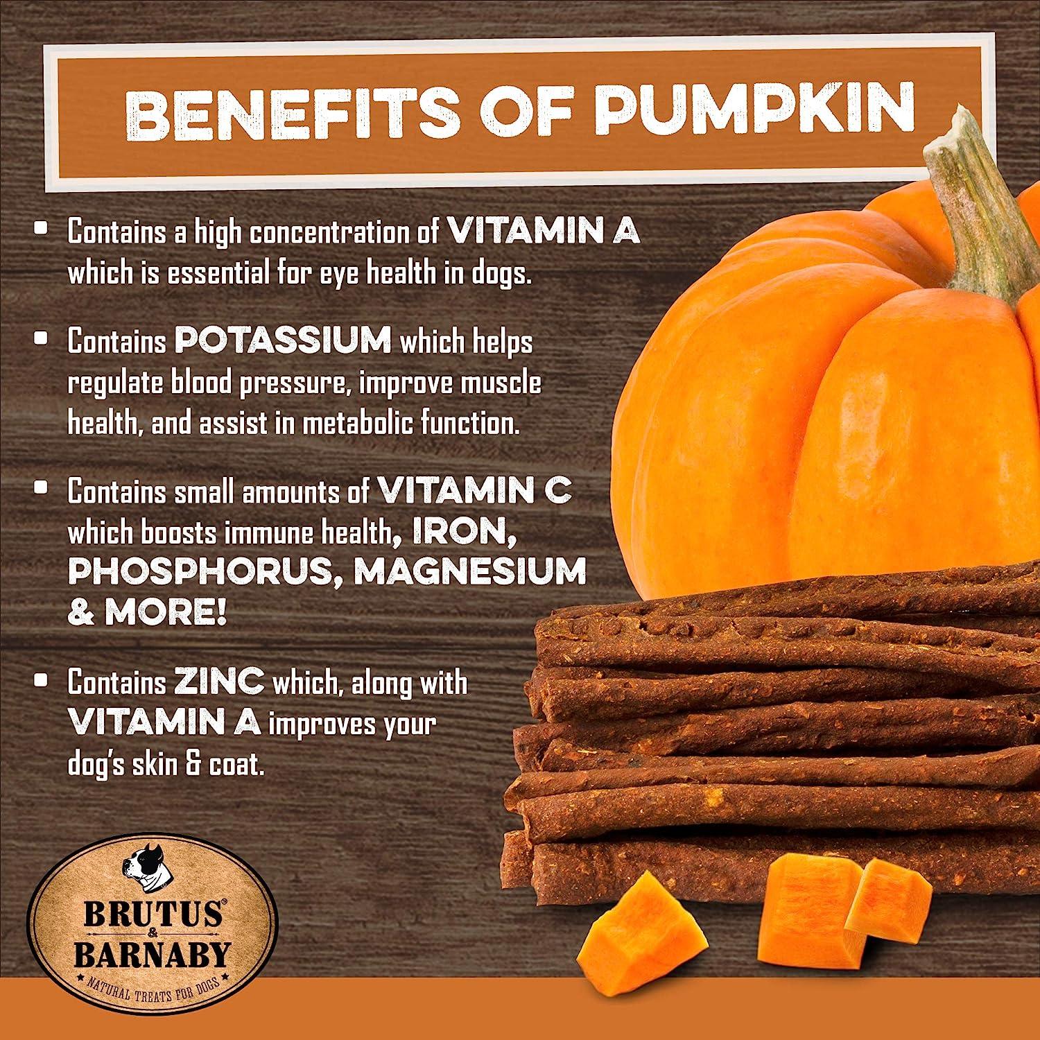 Pumpkin dog treats with benefits: vitamin A, potassium, zinc for eye, skin & immune health. Natural chews for dogs.