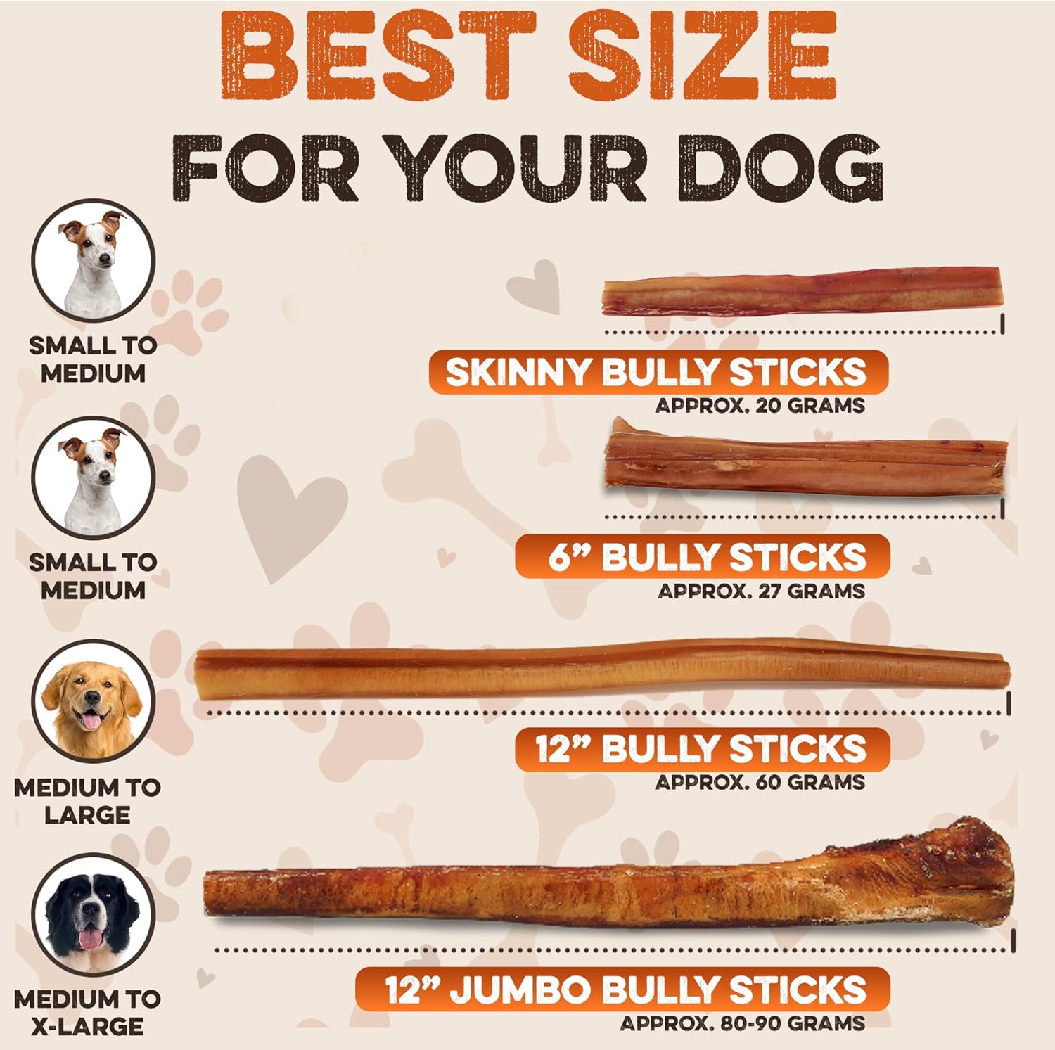 Skinny bully sticks size guide for dogs, comparing skinny, 6 inch, 12 inch, and jumbo bully sticks
