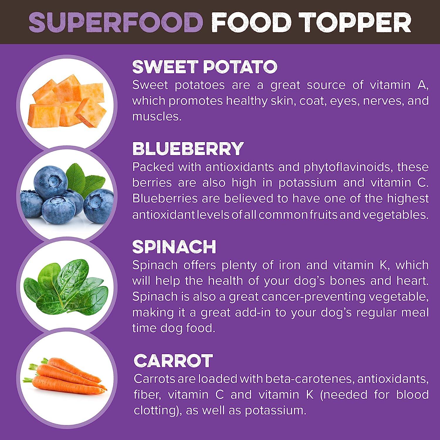 Superfood dog food topper with sweet potato, blueberry, spinach, and carrot for healthy canine nutrition
