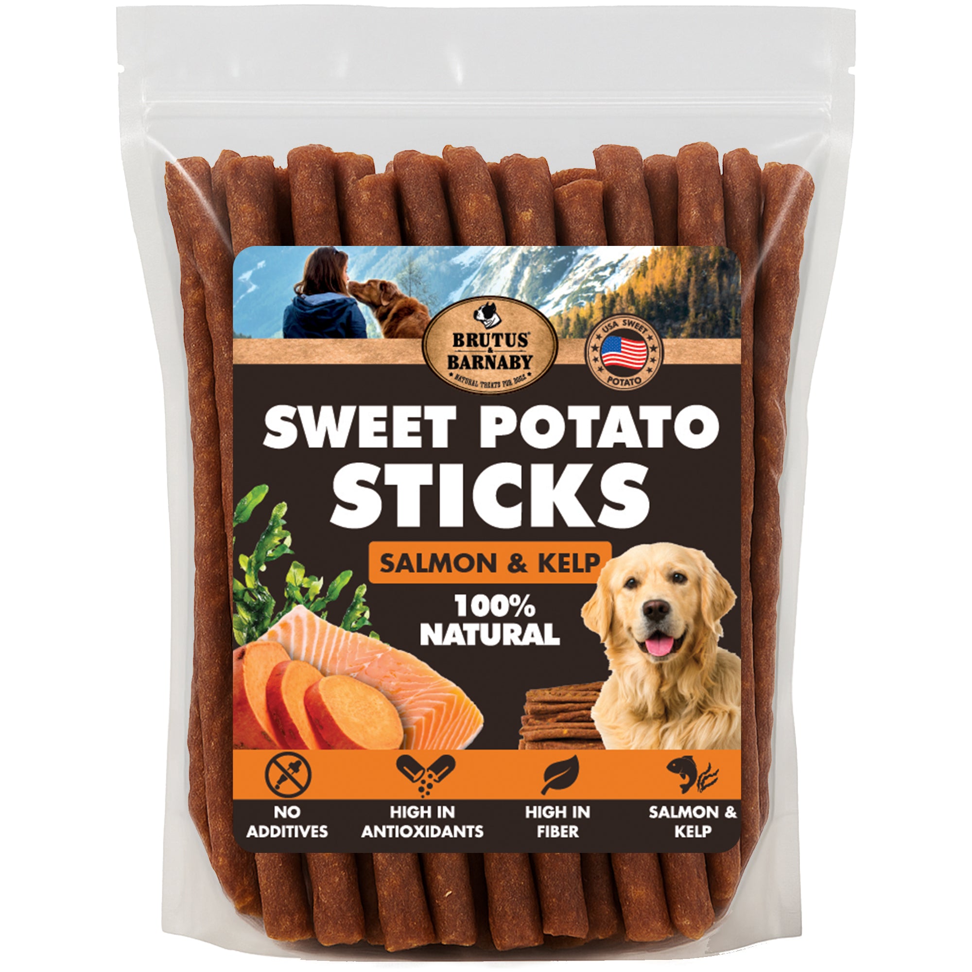 Sweet potato sticks for dogs with salmon & kelp, 100% natural, no additives, high in fiber and antioxidants
