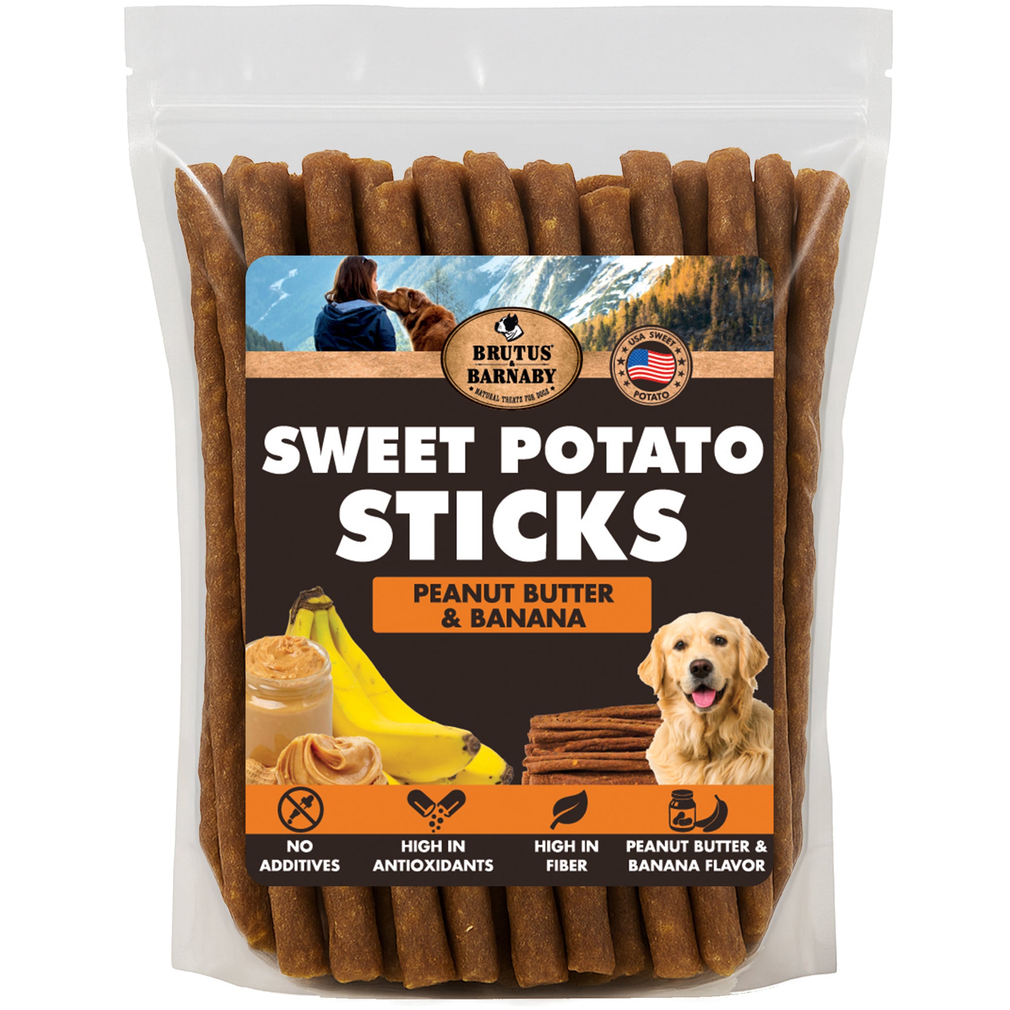 Sweet potato dog treats sticks with peanut butter & banana flavor, natural, no additives, high in fiber