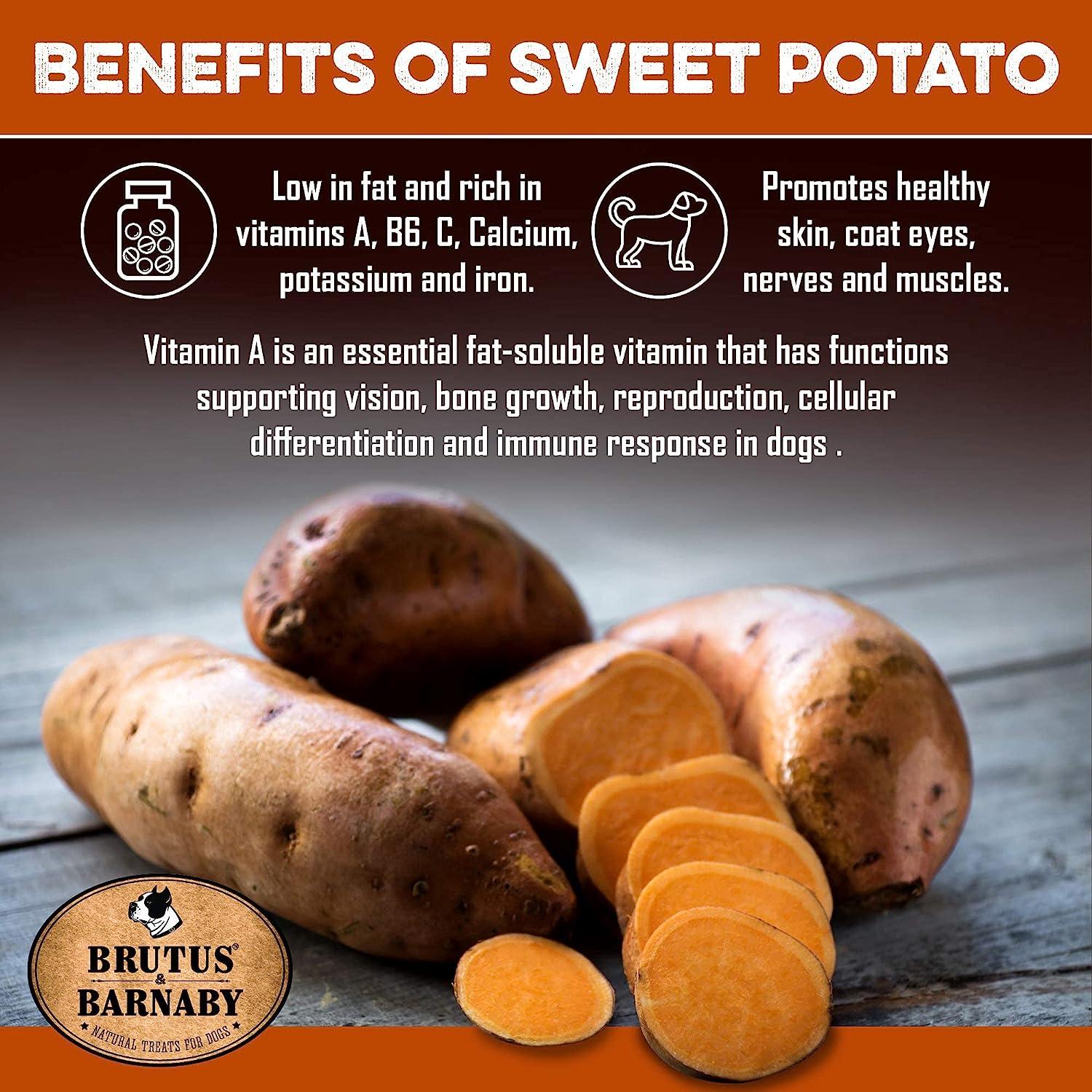 Sweet potato dog treats benefits: low fat, rich in vitamins A, B6, C, supports healthy skin, coat, eyes, nerves, muscles