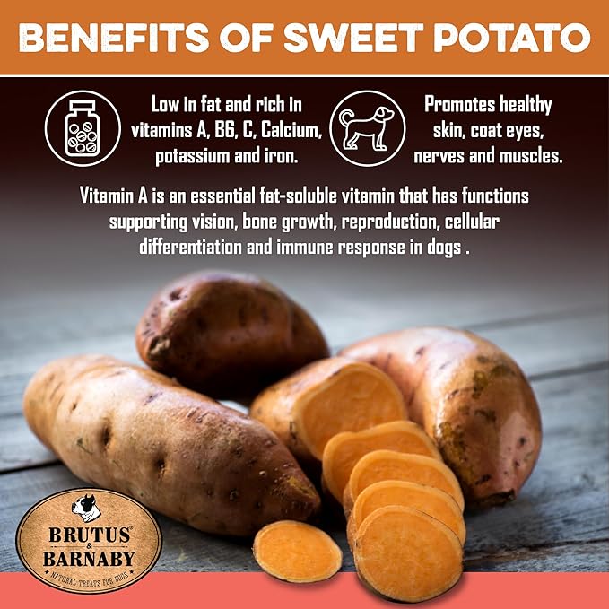 Sweet potato dog treats benefits: low fat, rich in vitamins A, B6, C, supports skin, coat, eyes, nerves & muscles