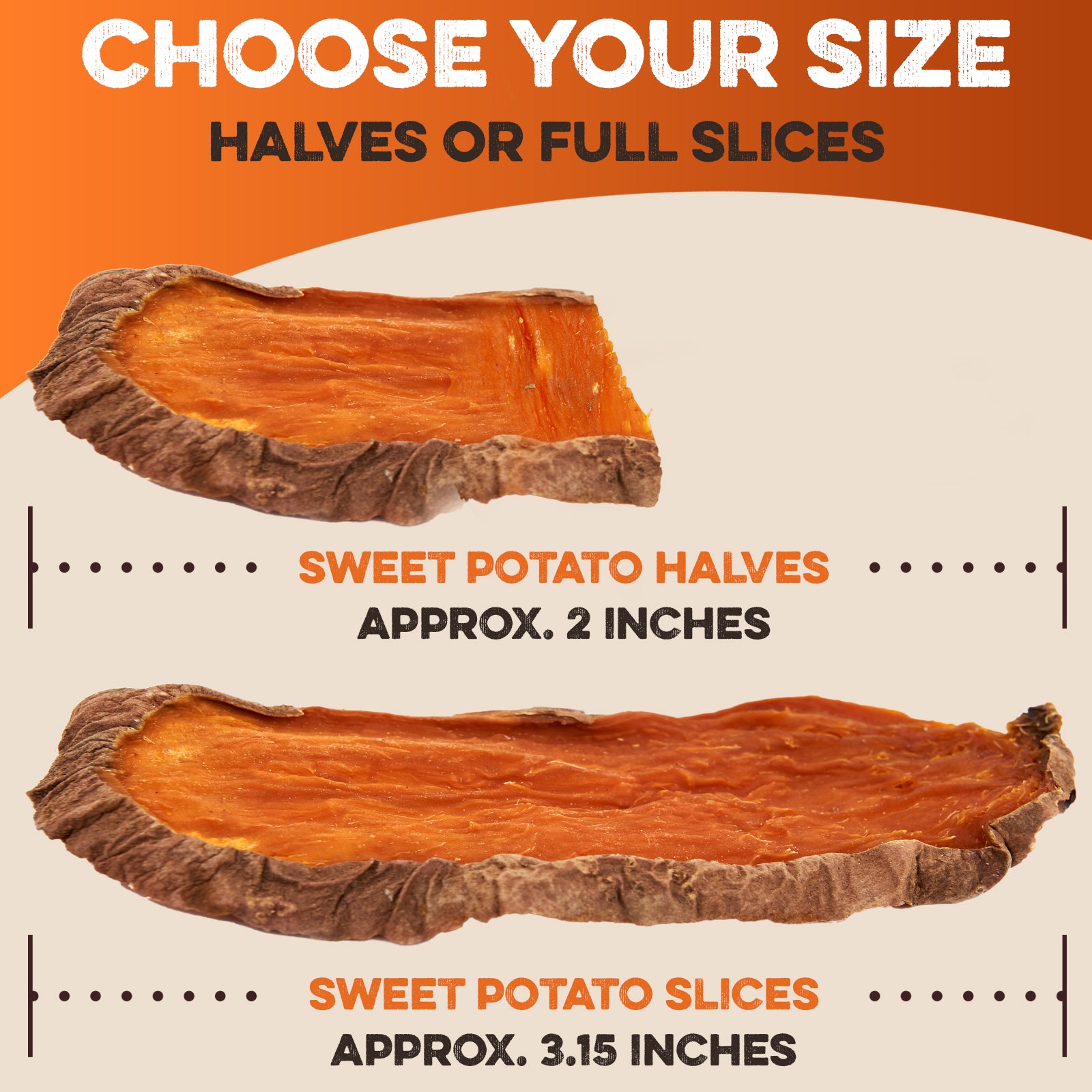 Sweet potato dog treats: halves approx. 2 inches, slices approx. 3.15 inches — natural, USA-made chews