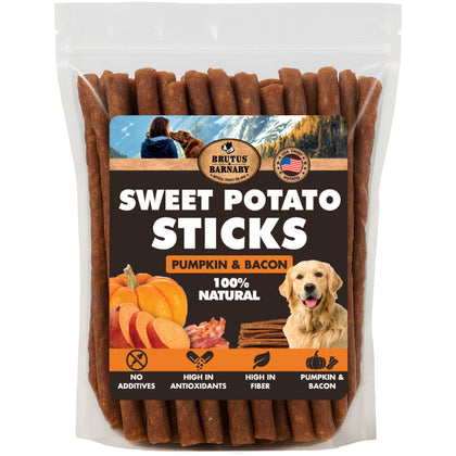 Sweet Potato Sticks For Dogs (Pumpkin & Bacon Flavor) - Grain-Free, High Fiber, Crunchy Training Treats