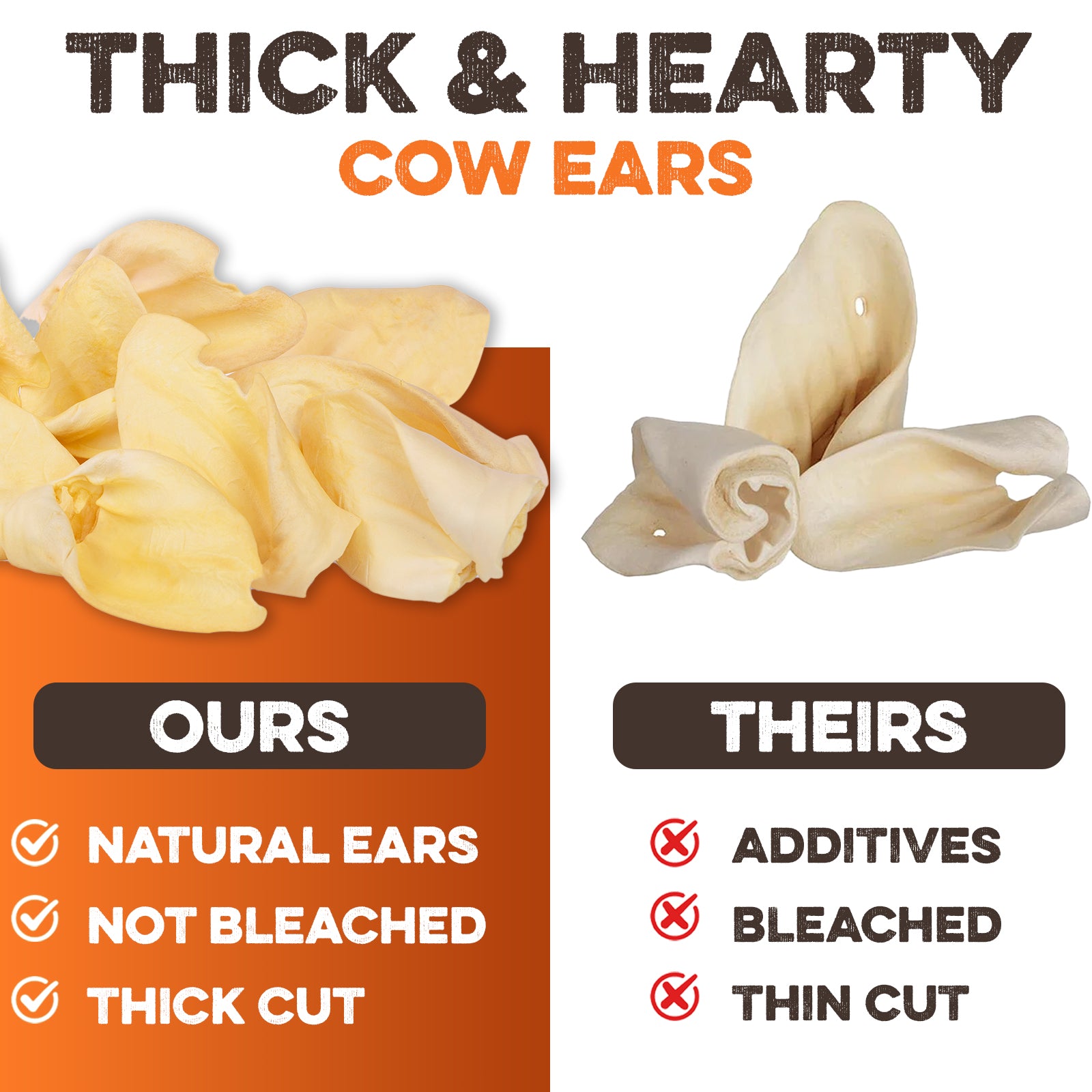 Thick & hearty natural cow ears for dogs, not bleached, vs thin bleached competitors