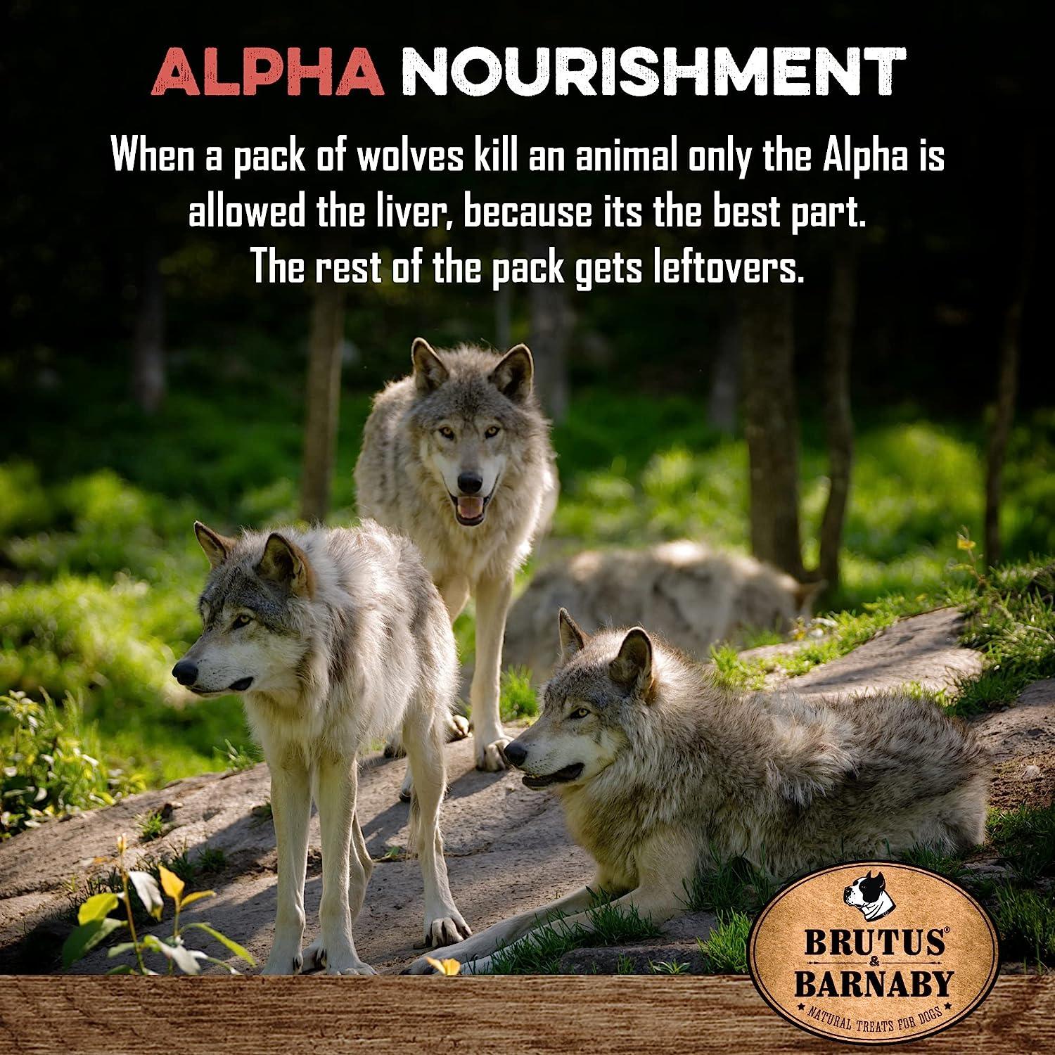 Wolves in forest with 'Alpha Nourishment' text, promoting natural dog treats made in USA