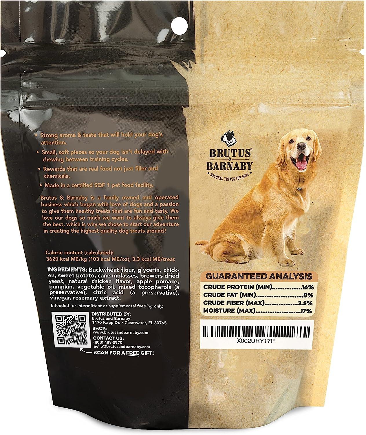 Brutus & Barnaby all-natural dog treats bag with golden retriever, ingredients, and guaranteed analysis details