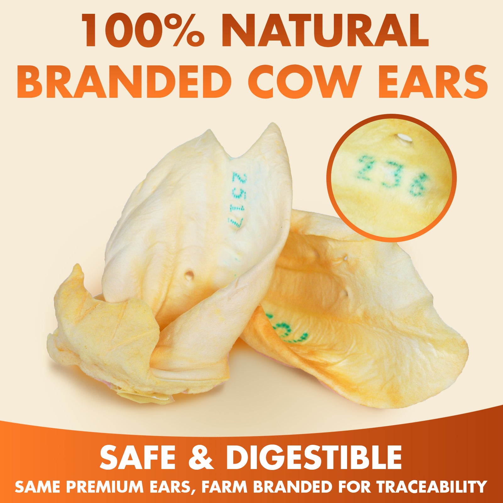 100% natural branded cow ears for dogs, safe & digestible, farm traceable chew treats