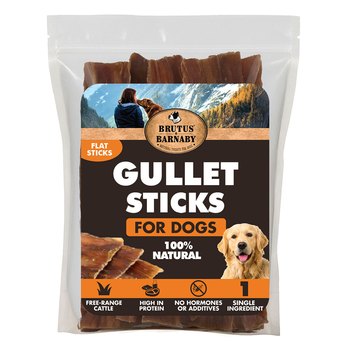100% natural gullet sticks for dogs, flat chew treats made from free-range cattle, high in protein, no additives