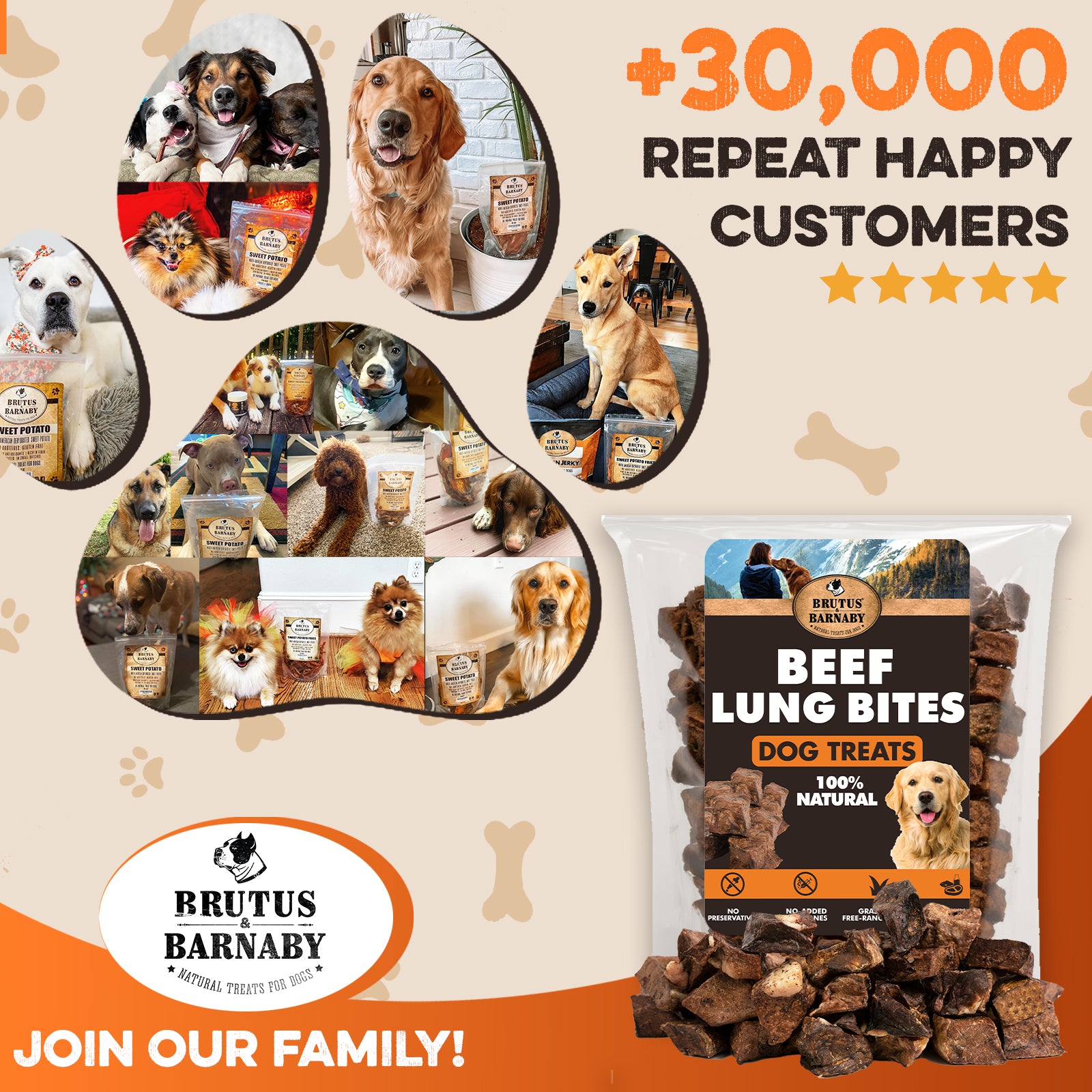 Beef lung bites dog treats, 100% natural, with happy dogs enjoying all-natural chews and sweet potato snacks