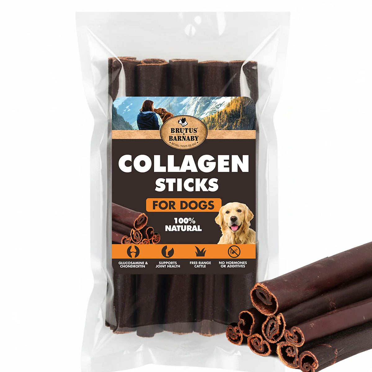 100% natural collagen sticks for dogs, supporting joint health with glucosamine, made from free-range cattle