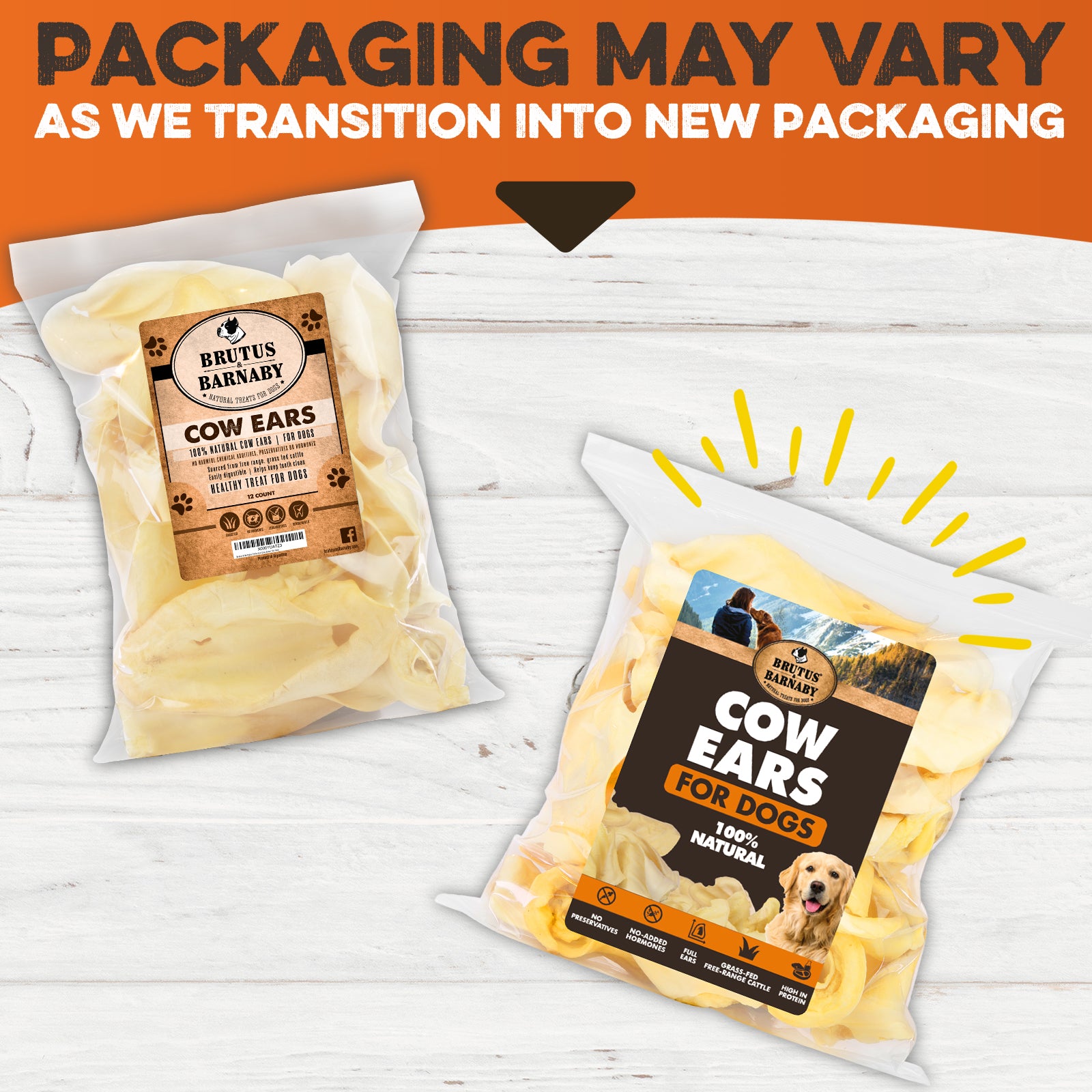 100% natural cow ears for dogs, healthy chew treats in new and old packaging, made in USA