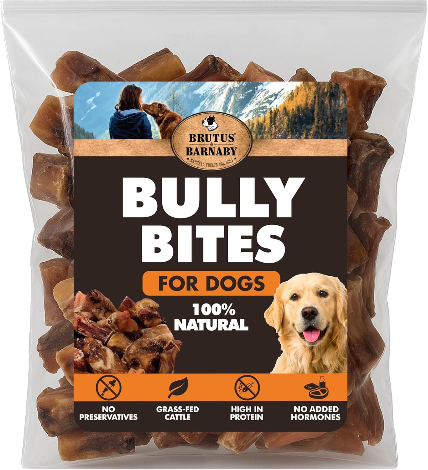 Bully bites for dogs by Brutus & Barnaby, natural high-protein grass-fed cattle chews with no preservatives