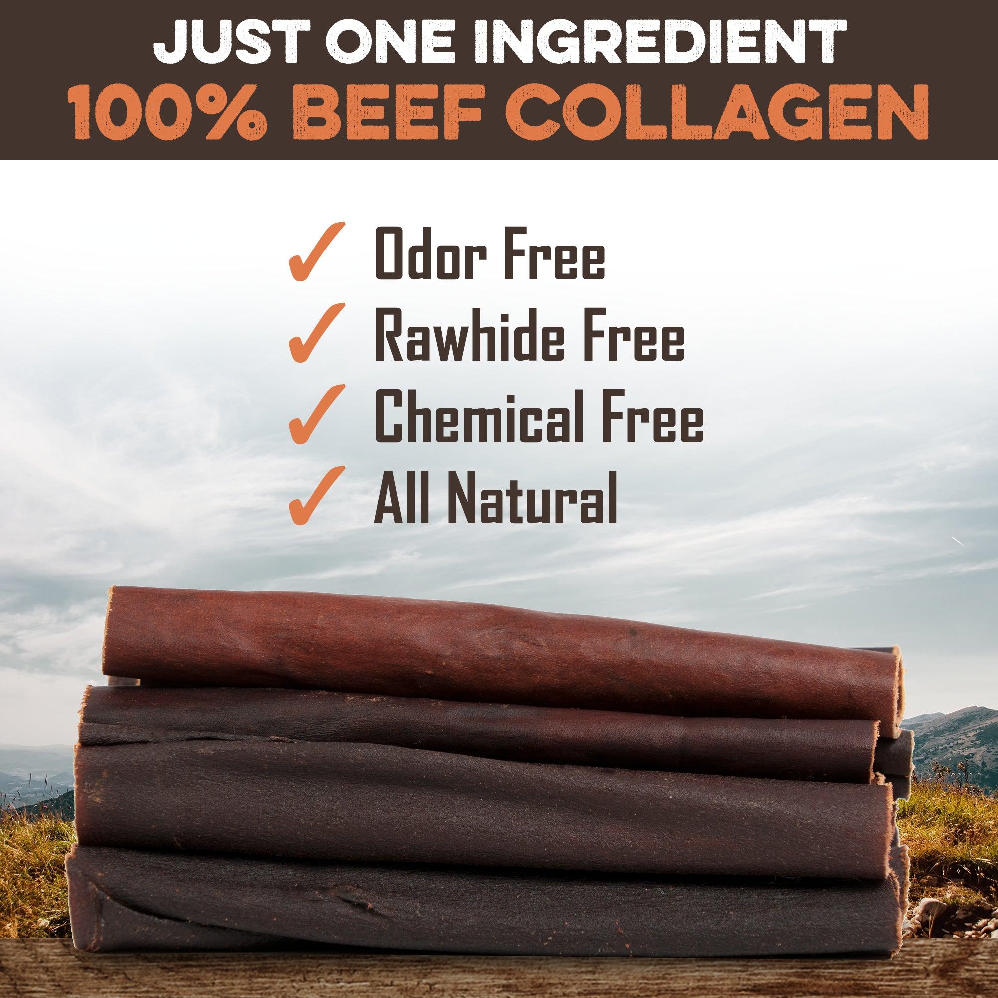 All-natural beef collagen dog chews, odor-free, rawhide-free, chemical-free, made in USA
