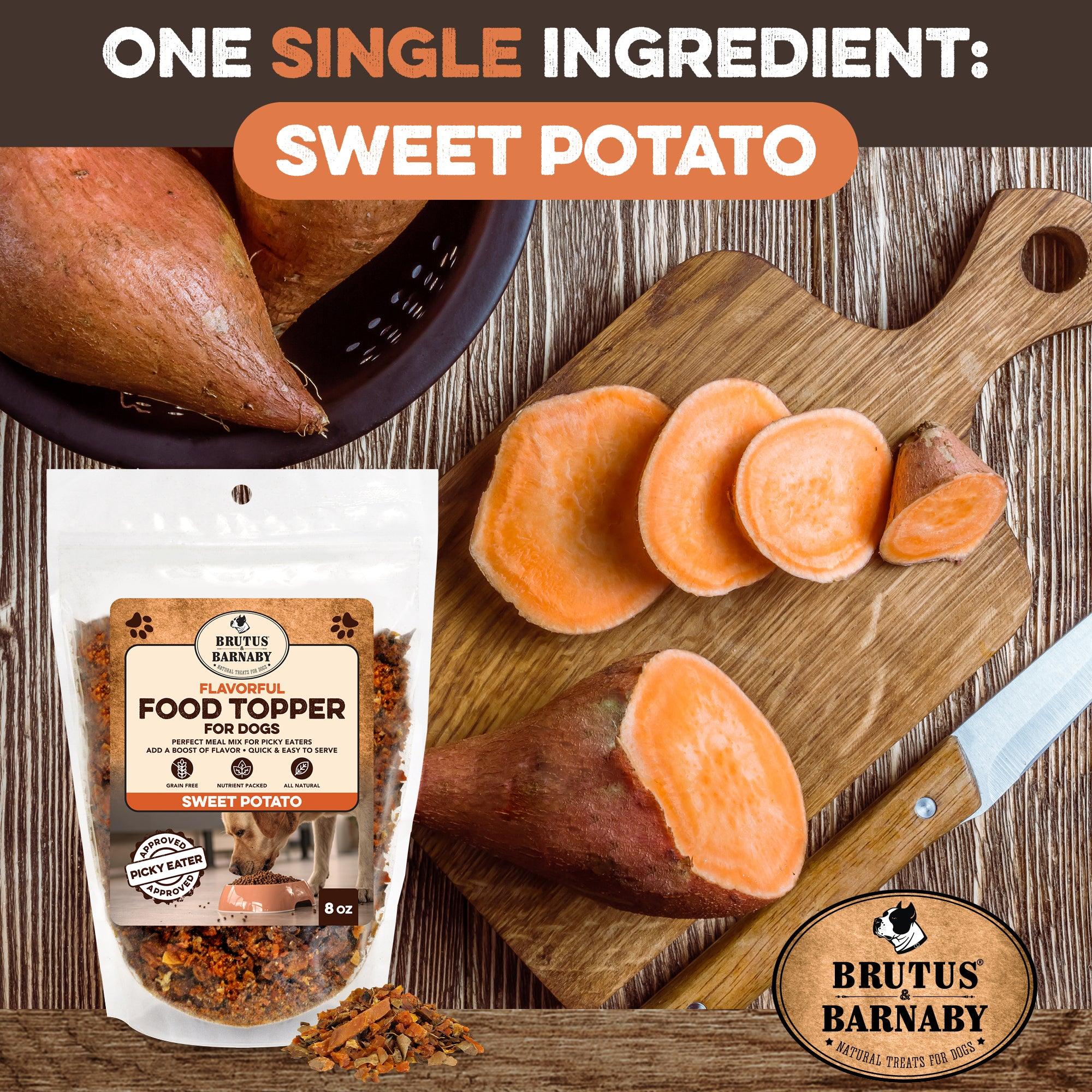 All-natural sweet potato dog food topper, single ingredient, grain-free treat for picky eaters