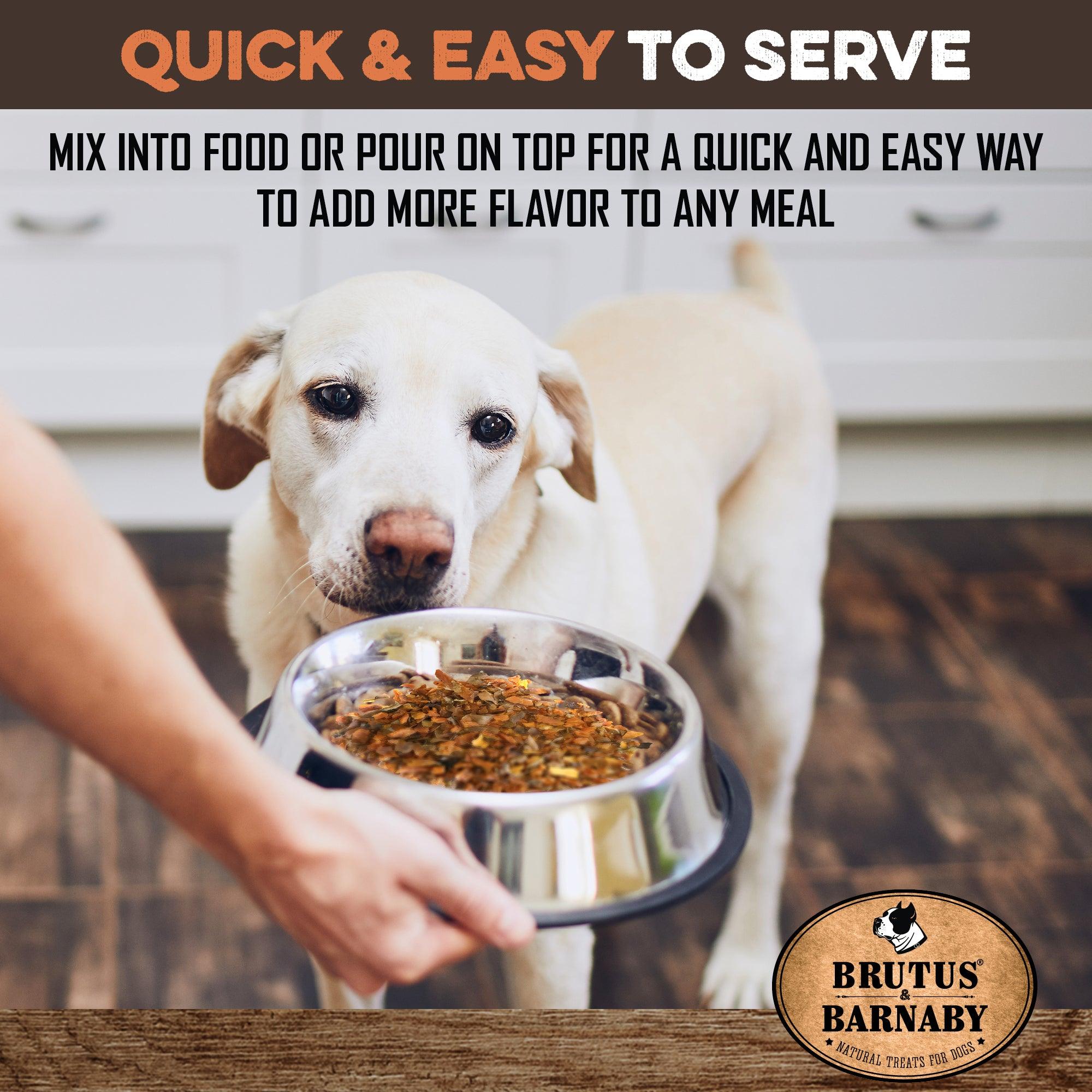 Labrador eagerly watching dog food bowl with natural treat topper, quick & easy meal enhancer for dogs