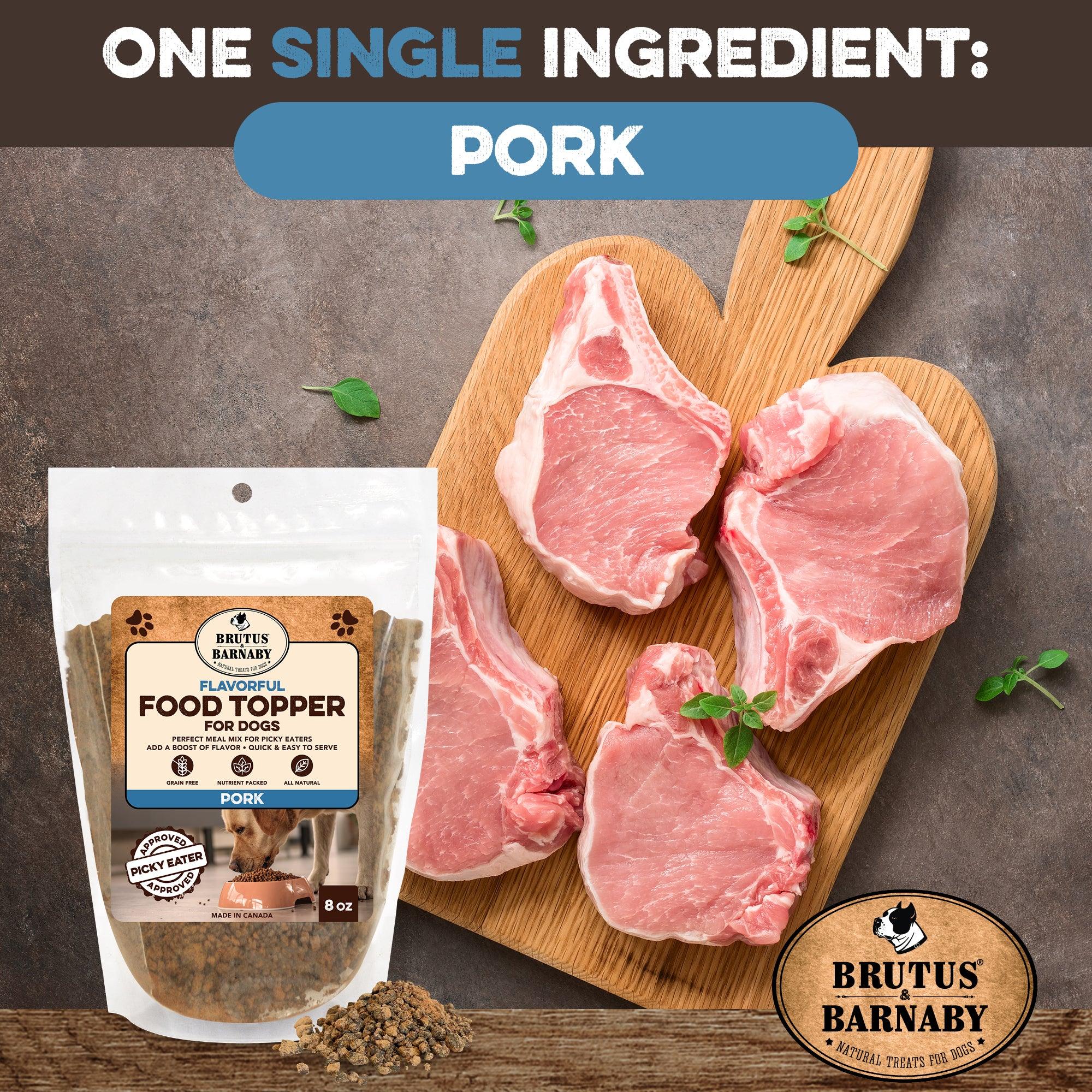 Pork food topper for dogs, all-natural single-ingredient treat with raw pork chops on cutting board