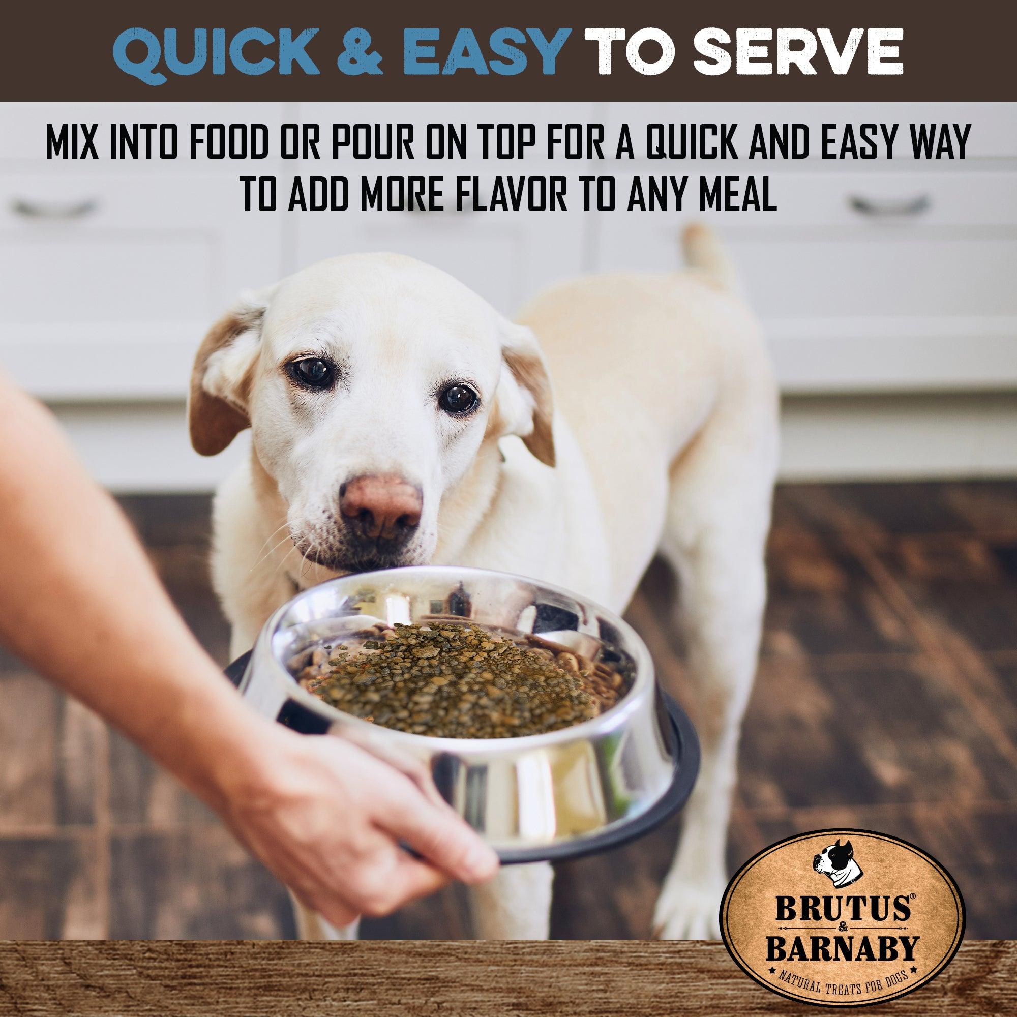 Dog eating natural food topper from bowl, quick & easy meal enhancer for pets