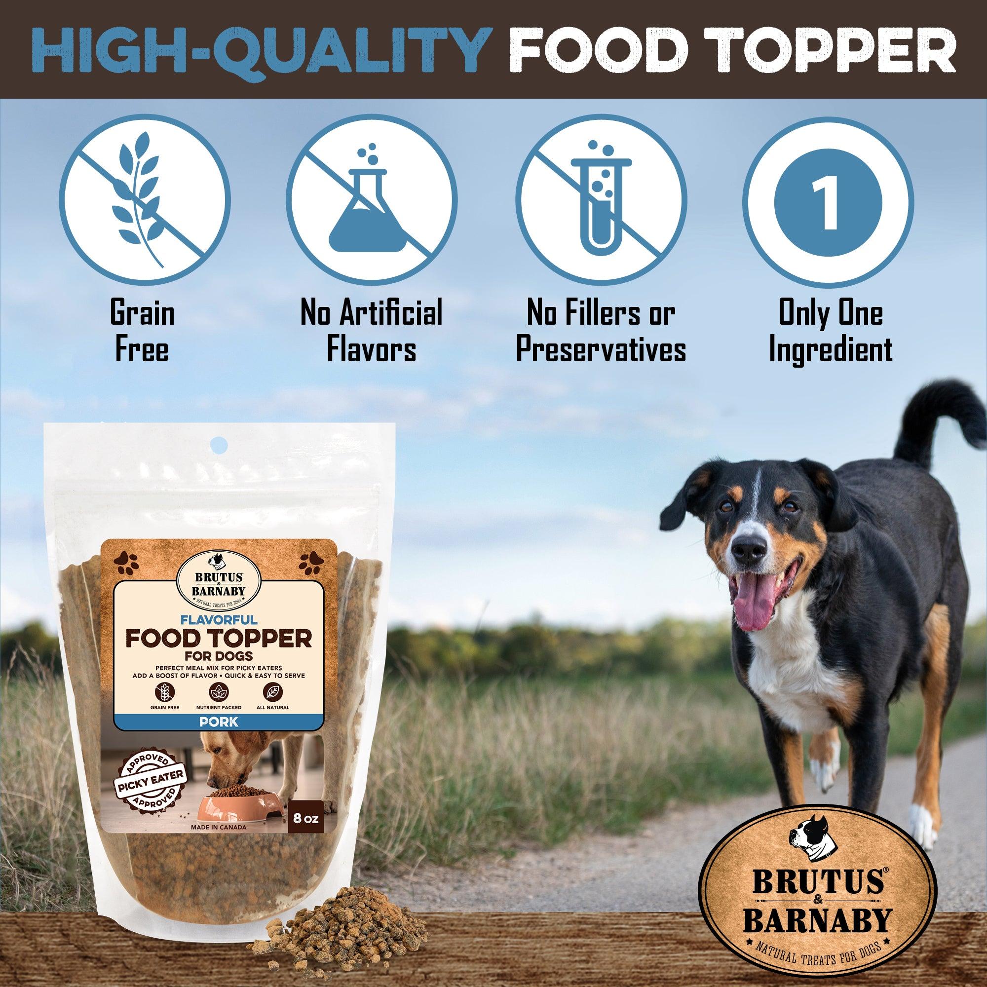 Grain-free pork food topper for dogs, all-natural with no fillers or preservatives, perfect for picky eaters