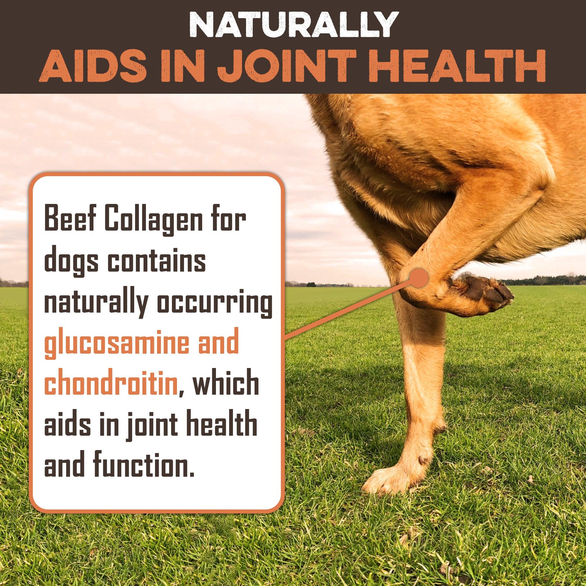 Beef collagen dog treats with glucosamine & chondroitin for joint health, shown with dog on grass