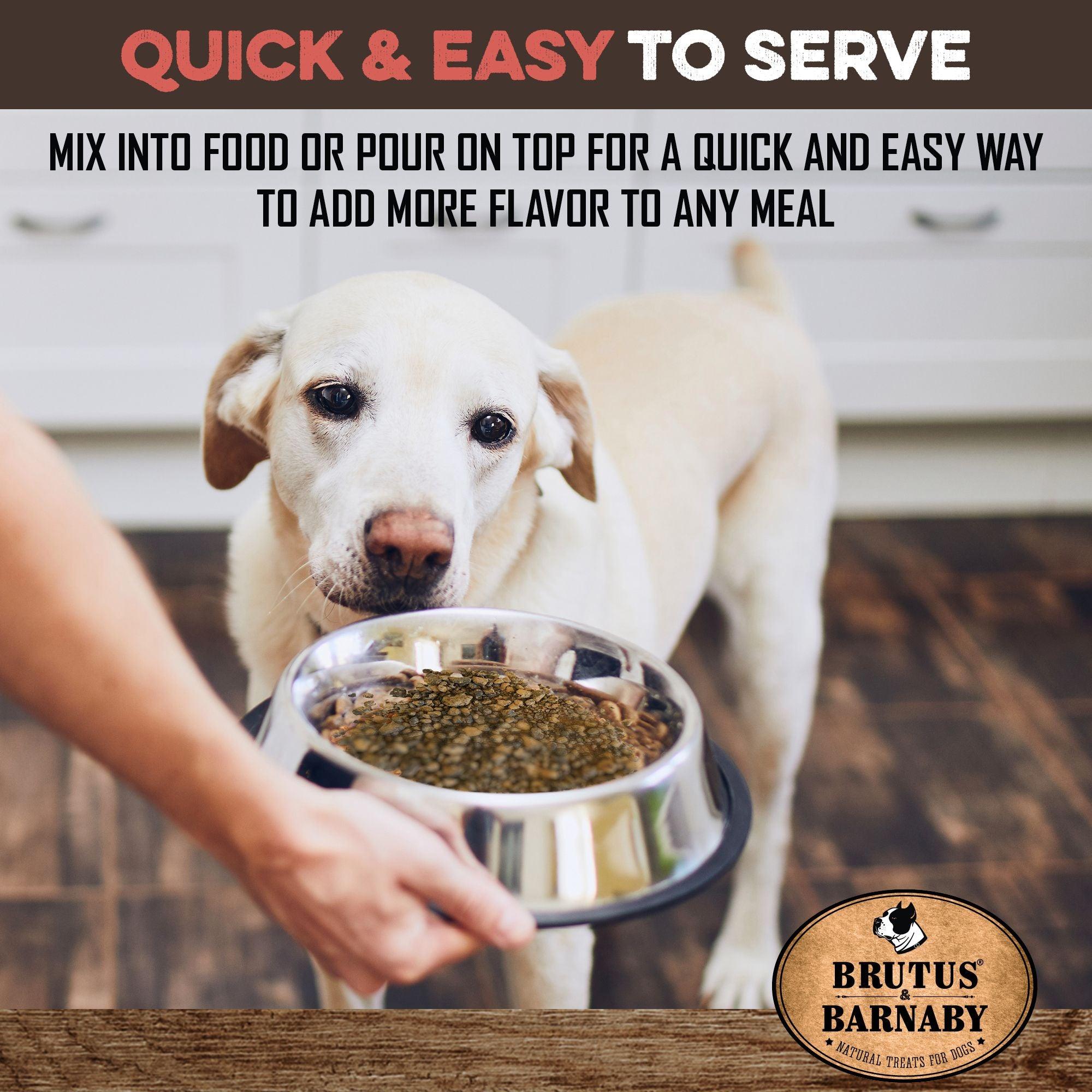 Dog eagerly watching person serve natural food topper in metal bowl, quick & easy meal enhancer for pets