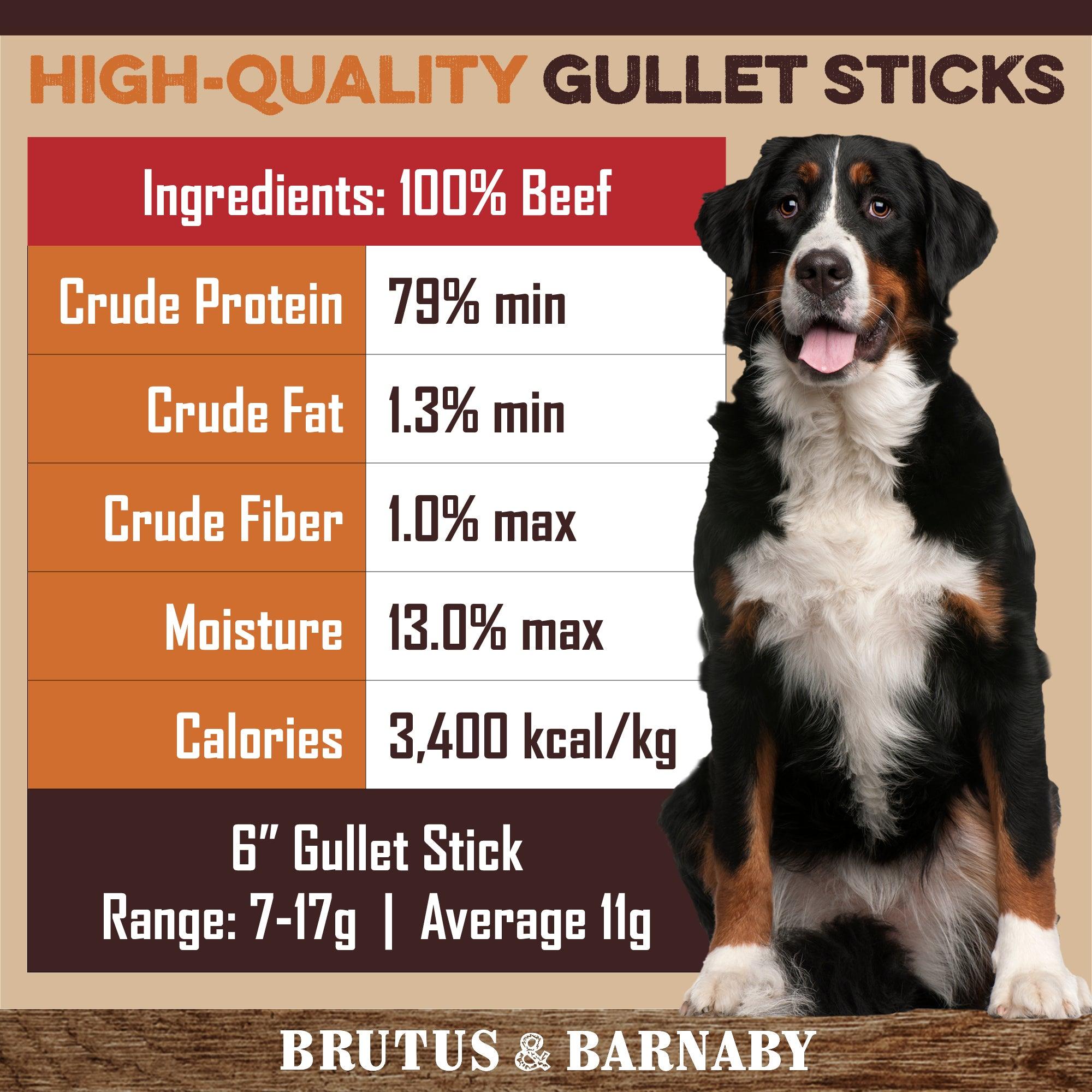 High-quality 6-inch gullet sticks for dogs, 100% beef, high protein, low fat, made in USA