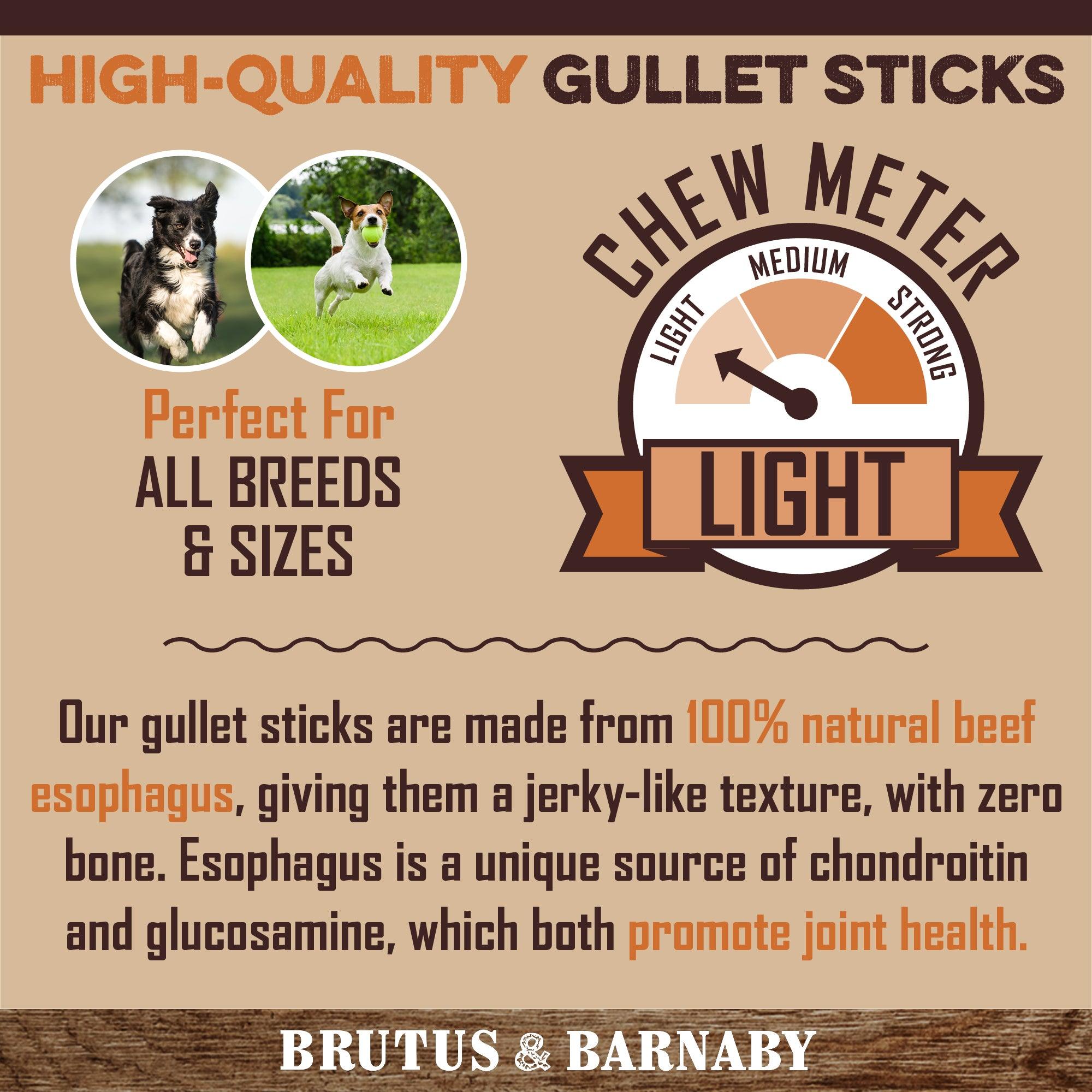 High-quality gullet sticks for all dog breeds, made from 100% natural beef esophagus, light chew level, promotes joint health