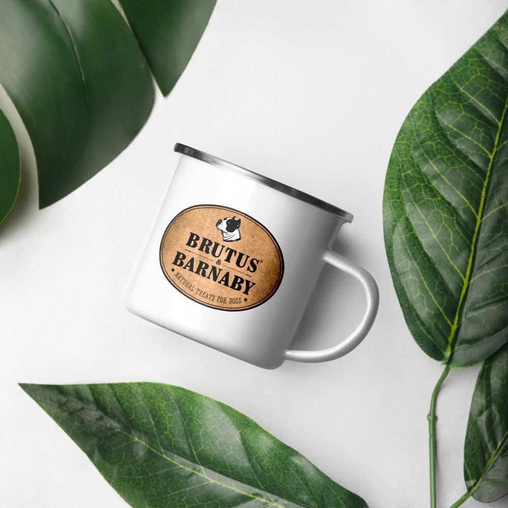 Brutus & Barnaby natural dog treats enamel mug with green leaves, white background