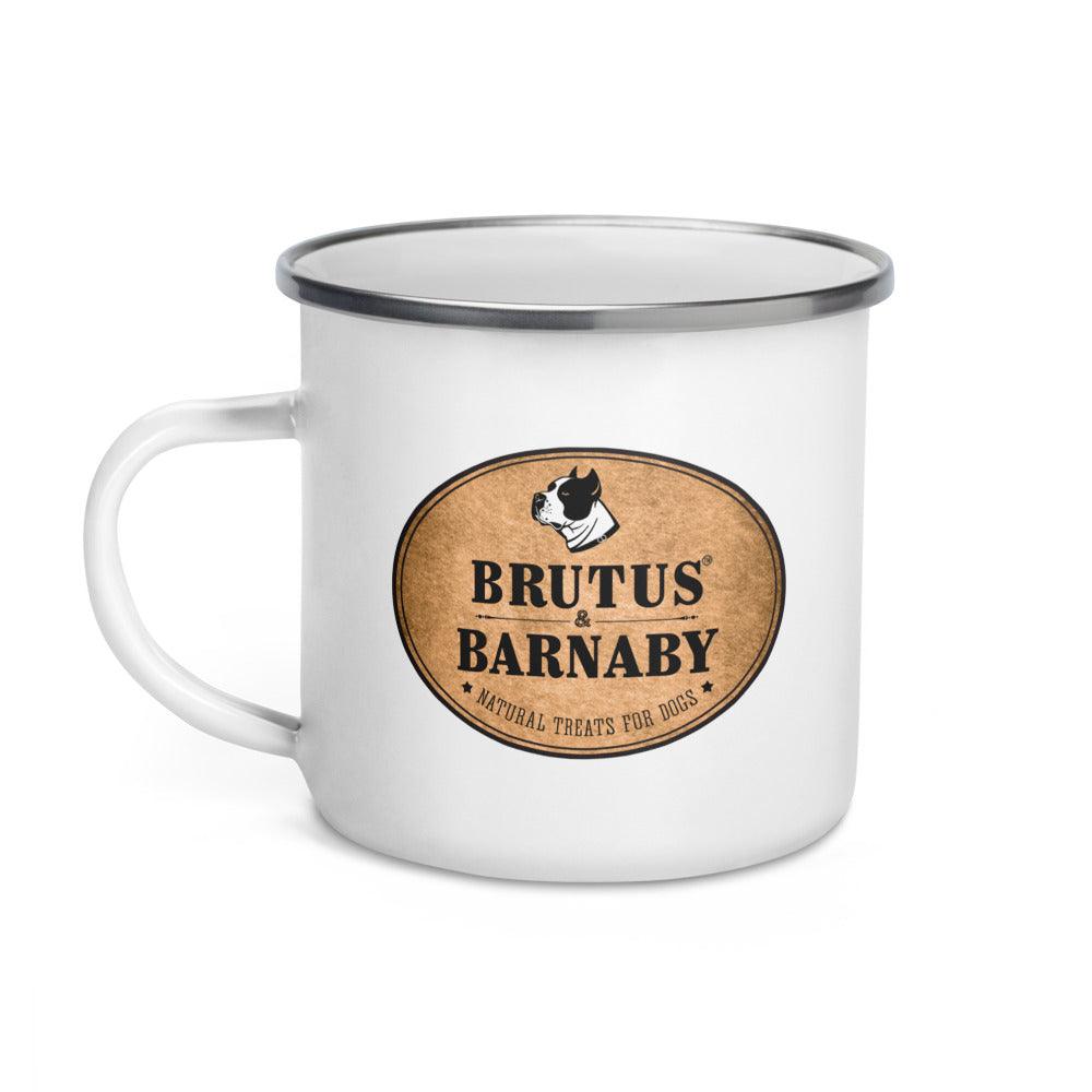 White enamel mug with Brutus & Barnaby logo, featuring dog illustration and 'Natural Treats for Dogs' text.